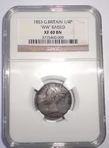 GREAT BRITAIN UK COIN  FARTHING   1853 WW RAISED  NGC XF40BN - Picture 1 of 2
