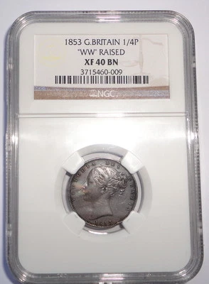 GREAT BRITAIN UK COIN  FARTHING   1853 WW RAISED  NGC XF40BN - Image 1 of 2
