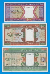 Mauritania 2002, 3 notes set, 100 + 200 + 500 Ouguiya, P 4k + 5j + 8c, ALL UNC ! - Picture 1 of 2