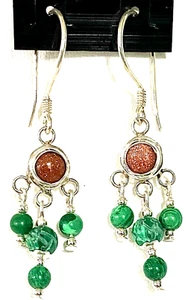 MALACHITE AND GOLDSTONE EARRINGS 48mm 925 STERLING SILVER "NEW" AUZ MADE SE49 - Picture 1 of 2