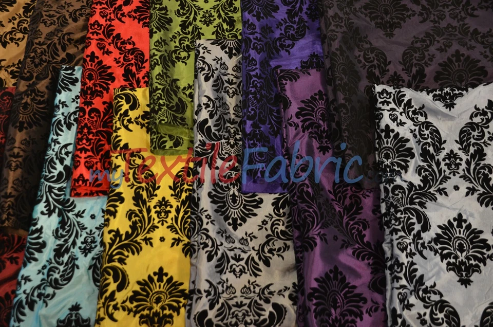 Damask Flocking Taffeta Fabric | Flocking Velvet Damask on Taffeta Fabric | 60" - Image 1 of 2