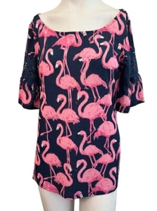 Ladies Small Flamingo Print Blouse Crochet Sleeves Top Short Bell Sleeves NWT - Picture 1 of 6