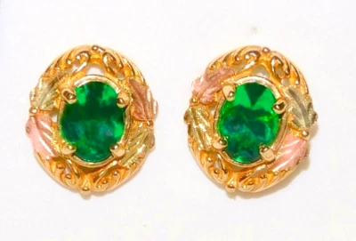 Black Hills Gold 10k Lab Created Emerald Leaf Earrings - Image 1 of 4