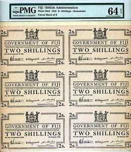 FIJI, 6 x 2 shillings 1942, Uncut sheet, Pick 50r2, WWII, PMG-64 Choice UNC - Picture 1 of 2