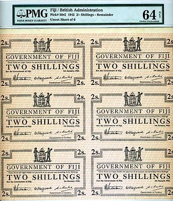 FIJI, 6 x 2 shillings 1942, Uncut sheet, Pick 50r2, WWII, PMG-64 Choice UNC - Image 1 of 2