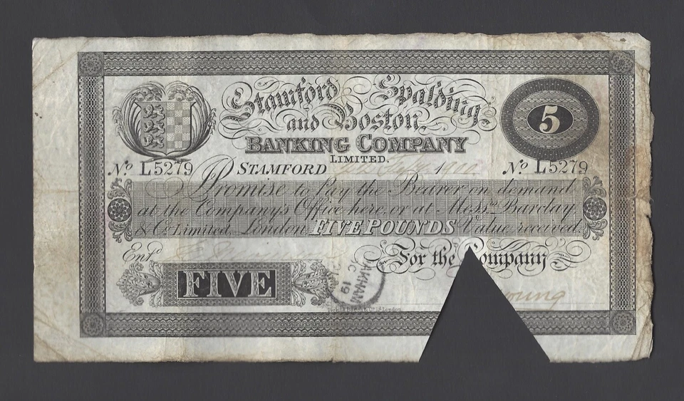 Great Britain Stamford, Spalding and Boston Banking Company 5 Pounds 22-7-1900  - Image 1 of 2