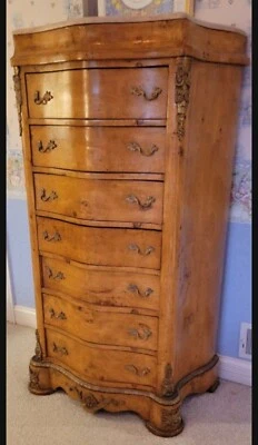 French Empire Style Antique Ormalu Tall Boy Dresser Chest Marble Top 7 Drawers - Image 1 of 4