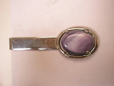 Purple & White Polished Agate Stone Vintage Tie Bar Clip simple plain design  - Image 1 of 4