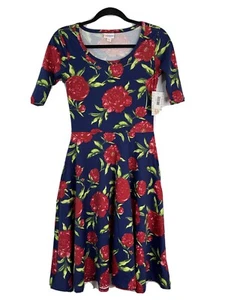Lularoe Nicole Women’s Sz XS Blue Navi Floral Stretch Pockets Fit-Flare Dress - Picture 1 of 10