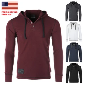 ZIMEGO Men’s Long Sleeve Hooded Henley Shirt - Viking-Inspired Athletic-Fit Top - Picture 1 of 25