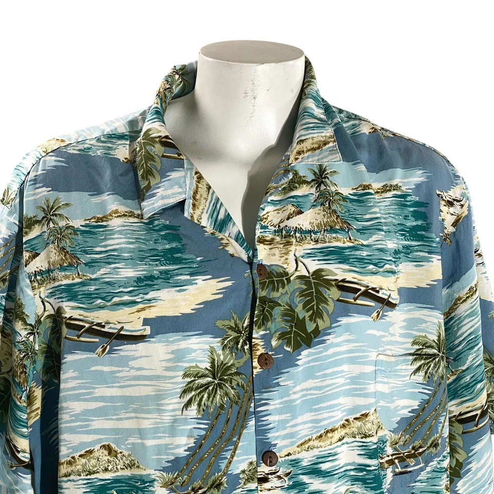 Camisa Hawaiana Hilo Hattie 4XL Islas Palmeras Estacionador Barcos Azul Marrón Foto 1 de 4