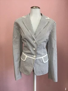 Liz Claiborne 12  Seersucker White Grey Stripes Womens Designer Blazer Jacket - Picture 1 of 10