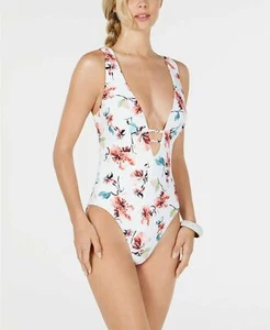 Lucky Brand Womens One Piece Swimsuit Plunge Front White Floral XS - Picture 1 of 1