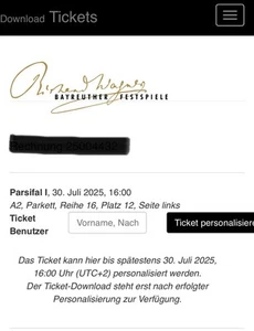 1 Ticket Parsifal 30.07.25 Bayreuther Festspiele, Preisgruppe A2, - Bild 1 von 2