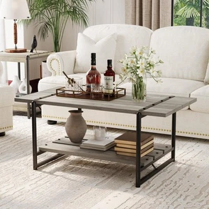Rustic Farmhouse Coffee Table, 41" Modern Minimalist Wood and Metal Living Ro... - Picture 1 of 8