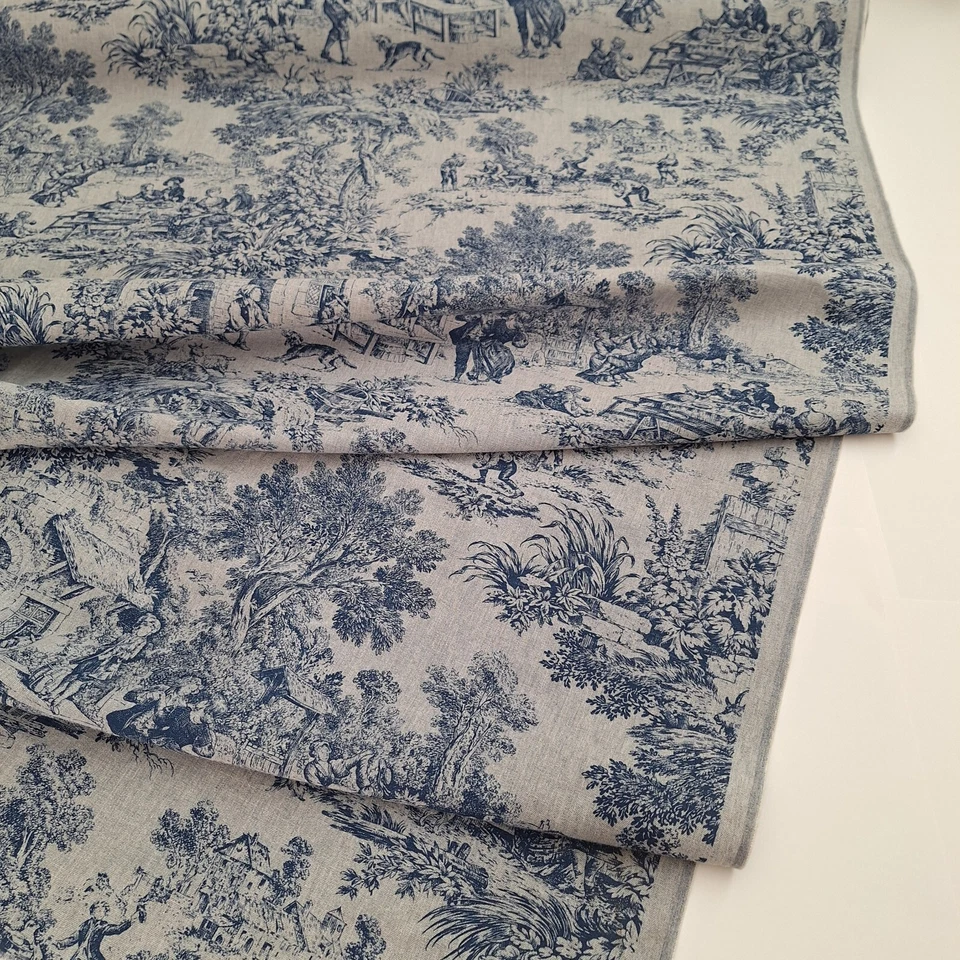 VTG NOS Blue Grey Toile Drapery Fabric "House Party" House N Home 1986 BTY READ - Image 1 of 4