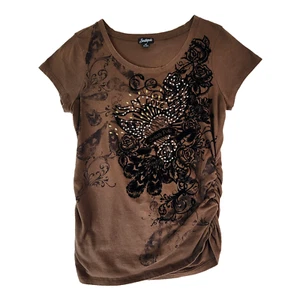 Y2K South Pole Womens T-Shirt Top Size XL Brown Velvet Stretch Rhinestone #1921 - Picture 1 of 15