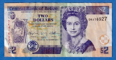 Belize 2 Dollars 2011 P-66d  Queen Elizabeth II Circulated Note DK416927 - Image 1 of 3