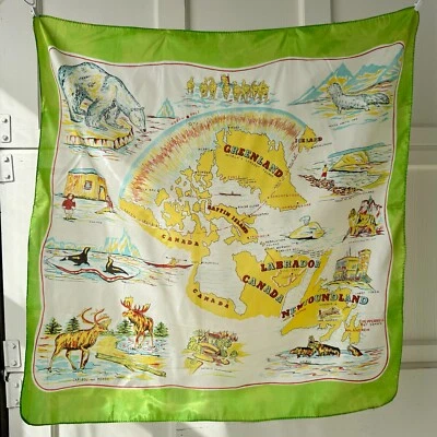 Vintage 50s GREENLAND ICELAND Arctic Canada Novelty Map Souvenir Silk Scarf 30" - Image 1 of 4