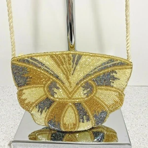 Vintage Beaded Evening Bag Retro 1980's disco style dressy purse cream gold gray - Picture 1 of 7