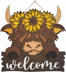 Cow Head Welcome Sign Hanging Cow Front Door Hanging Welcome Wooden Sign Outdoor - Picture 1 of 12