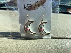 Gold Tone Earrings Clay Crescent Moon Pink Flowers Green Leaves Lt Wt Dangle FS - Picture 1 of 6