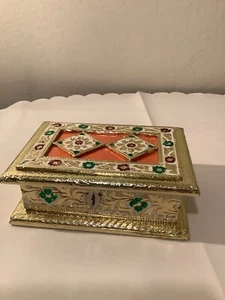 Gold Metall Schmuckkästchen Intarsiert Folie Floral Schmuck Bunt Handarbeit - Bild 1 von 12