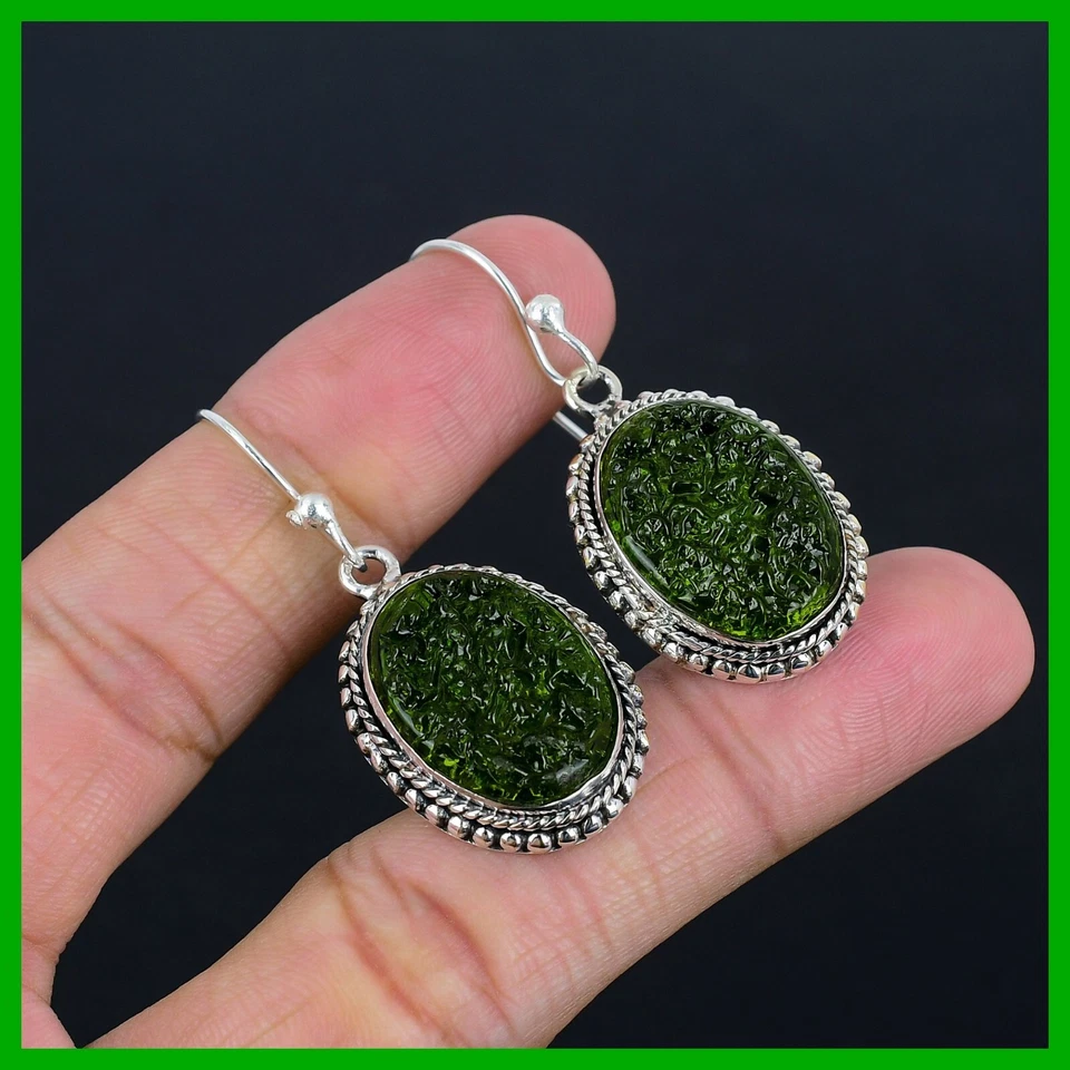 Pendientes boho colgantes vintage de plata 925 con piedra de moldavita regalo madre joyería Foto 1 de 1