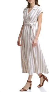 NWT Calvin Klein Striped Maxi Dress Linen Blend Belted Women’s Size 6 Collard - Picture 1 of 11