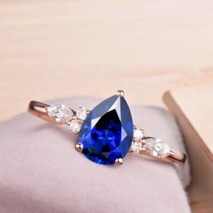Diamond Ring Blue Sapphire Pear Cut 1.60 Carat Lab Grown Created 14k Rose Gold - Picture 1 of 9