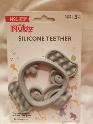 (NEW) Nuby Silicone Teether BPA-FREE 3+m Easy To Grasp - Gray Elephant - Image 1 of 3