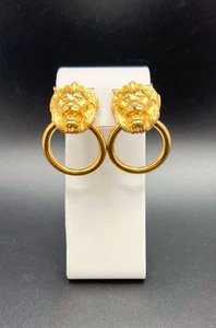 Vintage Gold Tone Lion Head Door Knocker Clip On Earrings - Picture 1 of 5