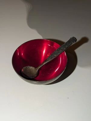 复古 Meka 丹麦纯银红色珐琅盐窖和勺子 — 第 1/4 张图片