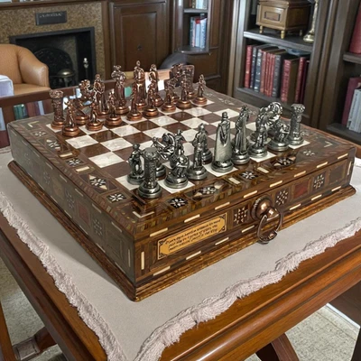 Jeu d'échecs ancien fait main - pièces médiévales en bronze et plateau... - Photo 1/4