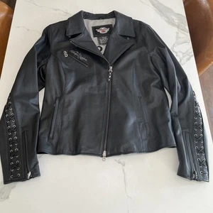 Harley Davidson Womens Large Black Leather Full Zip Jacket Logo Arm & Back Lace - Picture 1 of 15