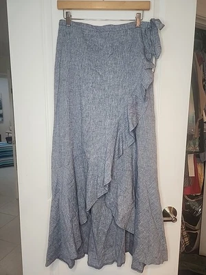 Saia Express Chambray Feminina Tamanho M Babado Bainha e Gravata Cintura Mistura de Linho NOVA  - Imagem 1 de 4