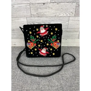Lord and Taylor Black Velvet Christmas Santa and Bells Embroidered Crossbody Bag - Picture 1 of 8