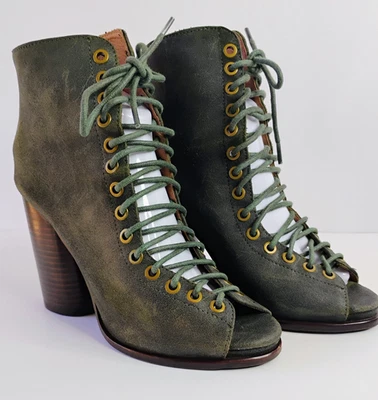 Jeffrey Campbell Free Love Verde Gamuza Peep-Toe Botines Tacón de Madera Talla 8 Foto 1 de 4