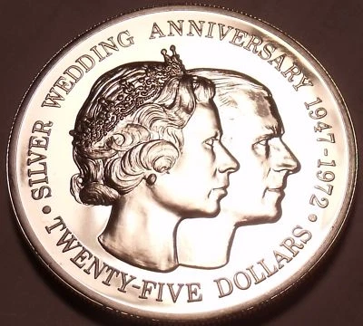 Rare Silver Proof Cayman Islands 1972 $25.00~Elizabeth & Phillips 25th Anniv~F/S - Image 1 of 2