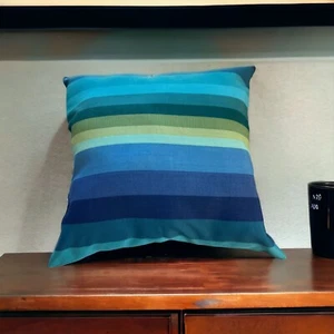 Handmade Indoor Outdoor Pillow Blue Green Striped 16" x 16" New - Picture 1 of 5