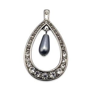 Silver Tone Teardrop Rhinestones Hematite Dangle Pendant Charm - Picture 1 of 5