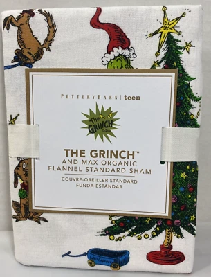 Almohada estándar Pottery Barn Teen de franela orgánica Grinch y Max SHAM Dr Seuss nueva con etiquetas Foto 1 de 4