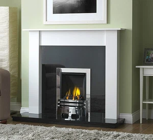 GAS WHITE SURROUND BLACK CHROME GRANITE MODERN WALL CHIMNEY FIRE FIREPLACE SUITE - Picture 1 of 4