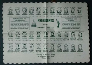 1950s Era Chicago Illinois Barney's Presidents placemat Dwight Ike Eisenhower--- - Picture 1 of 1