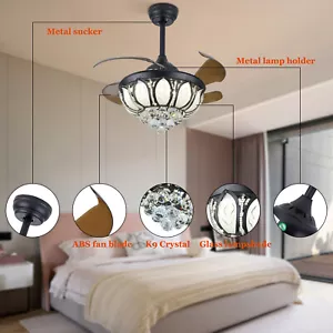 Modern Invisible Ceiling Fan Light Dimmable Lamp W/Remote LED Crystal Chandelier - Picture 1 of 19