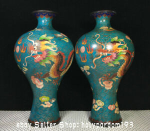10" Rare Ancient China Bronze Cloisonne Dynasty Dragon Phoenix Bottle Vase Pair