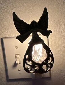 Pewter Angel Light Purple Glass Night Light Baby Bath Room Plug in Wall Lamp - Picture 1 of 13