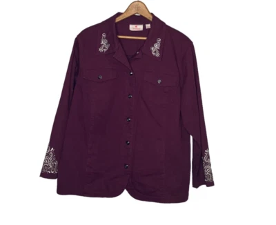 Quacker Factory Large L Wine Purple Rhinestone Bling Scroll Embroidered Jacket - Image 1 of 4