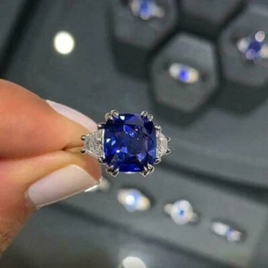 3.10Ct Cushion Cut Blue Sapphire Three Stone Engagement Ring 14K White Gold Over - Picture 1 of 9