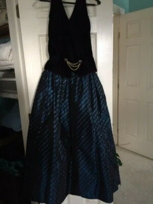 Scott McClintock 80s Formal/Evening Dress S10 Black Velvet Blue/Black Plaid - Image 1 of 4